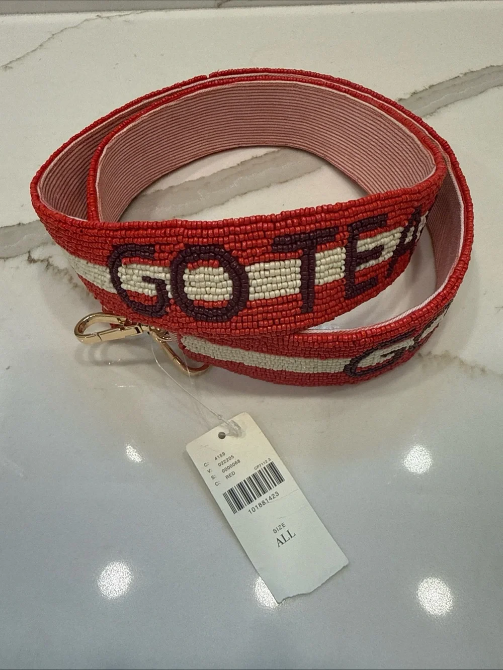 Anthropologie Go Team Red Beaded Purse Strap with Cream Stripe $88